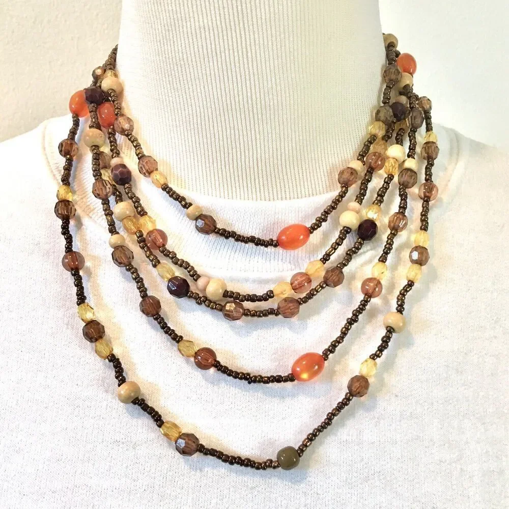 Vintage 90s Necklace 19.5 Inch Layered Beaded Bronze Wood Beads
